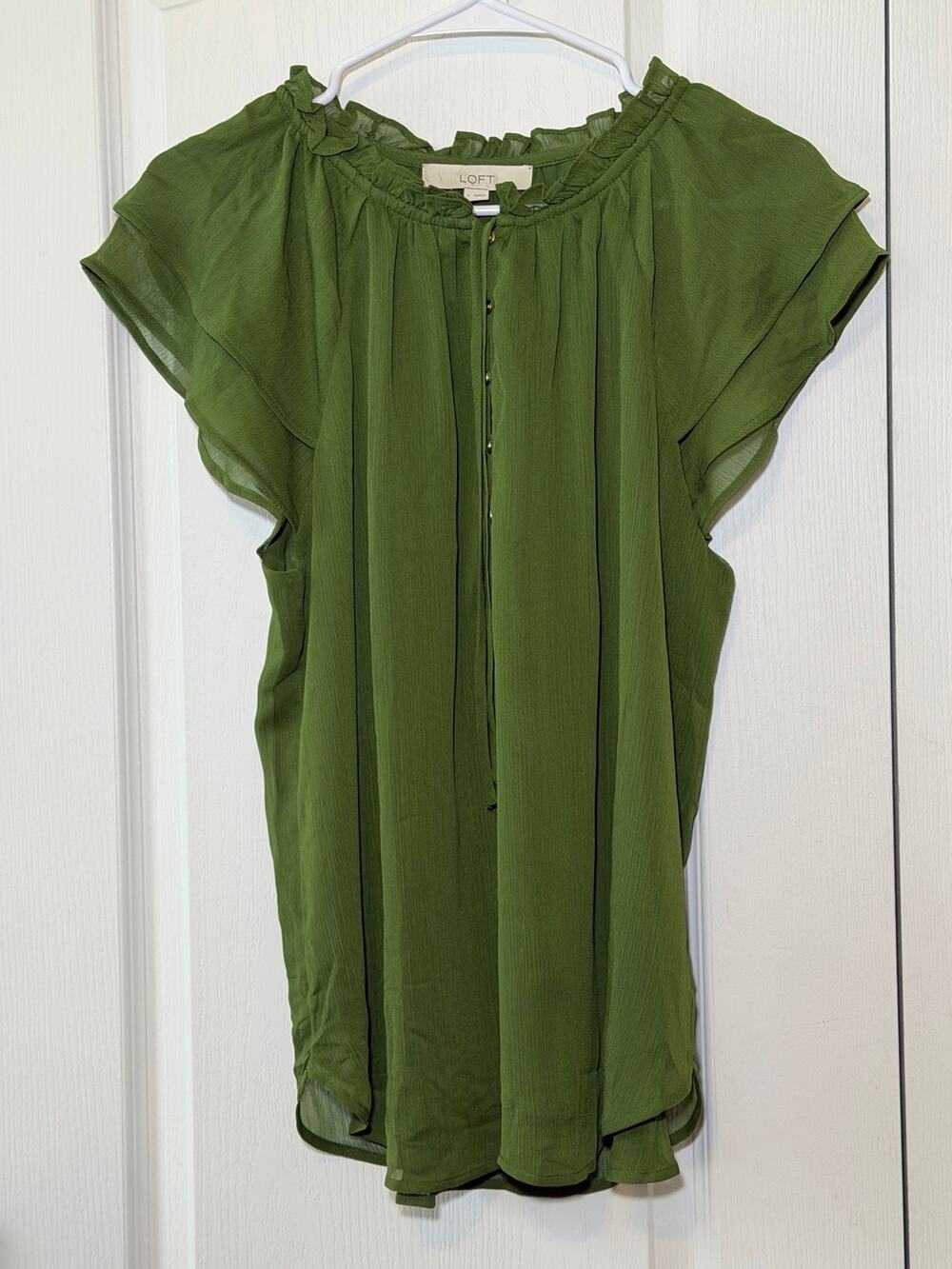 LOFT Olive Green Flutter Sleeve Blouse (L) Ruffle Neck Tie Sheer Flowy Top Boho